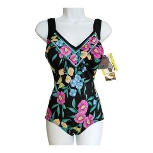 NWT Sea Queen black floral one piece bathing suit size 10